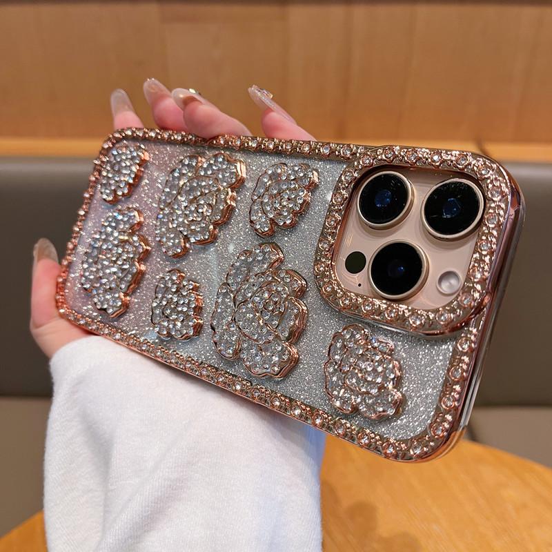 Applicable To IPhone16ProMax Rose Mobile Case Inlaid with Rhinestones Apple 15 Luxury Electroplating 14 Protective Case