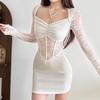 2026 European and American style spring and summer new women's clothing solid color slim-fitting fashion square neck long-sleeved mesh splicing dress