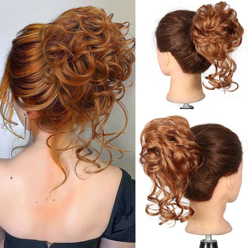Unordentlicher Dutt Haarteil Wellig Lockig Synthetisch Hochsteckfrisur Chignon Fake Scrunchies Pferdeschwanzverlängerung für Damen Dunkelbraun