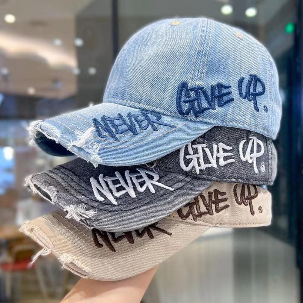 Vintage Washed Cotton Baseball Cap Embroided Letter Adjuatable Sunscreen Hat Denim Hole Duckbill Cap Women Men