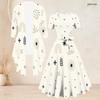 Women Plus Size Two Piece Set Cream White Printed Square Neck Short Sleeve Tie Waist Flared Dress And 3 4 Sleeve Cardigan