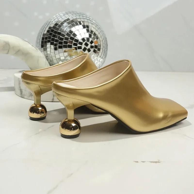 Fashion New High Heels Slipppers Elegant Women Slides Square Toe Shallow Summer Dress Mules Sexy Metal Strange Style Heels Shoes Size 42