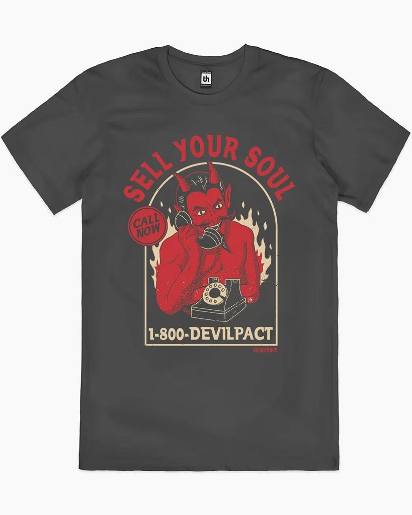 Dark Humor Sell Your Soul Cotton T Shirt Devil Graphic for Trendy Outfits and Edgy Enthusiasts Halloween Tee All Saints Day