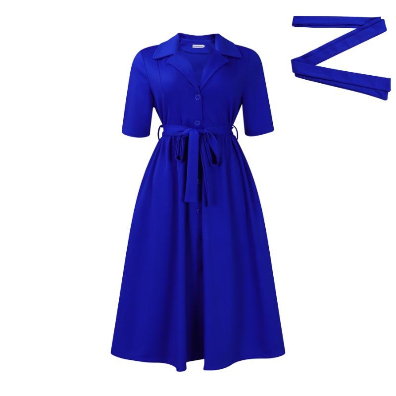 Women's summer new fashion suit collar short sleeve solid color waist big swing dress