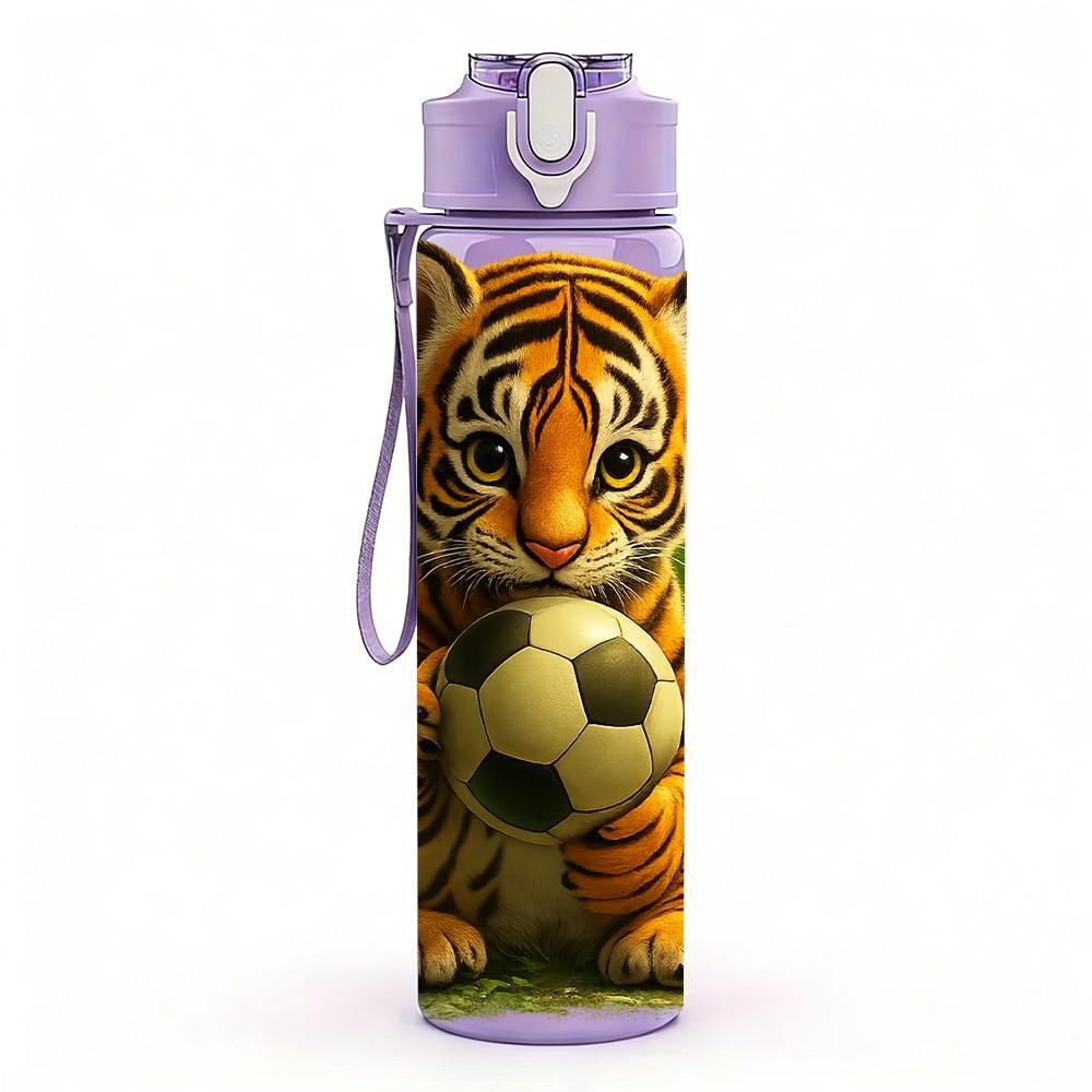 1PC Tiger With Football Jungle Animal Print 750ml Color Plastic Sports Water Bottle Leakproof Flip Straw Lid Suitable for Sports Office Home Use