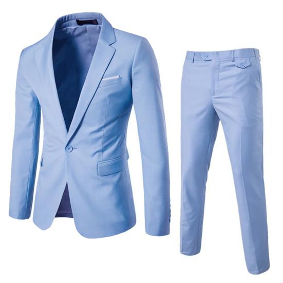 2 adet/takım erkek iş Blazer takım elbise pantolon seti yaka uzun kollu tek düğme cepler takım elbise ceket Slim Fit uzun pantolon iş giysisi