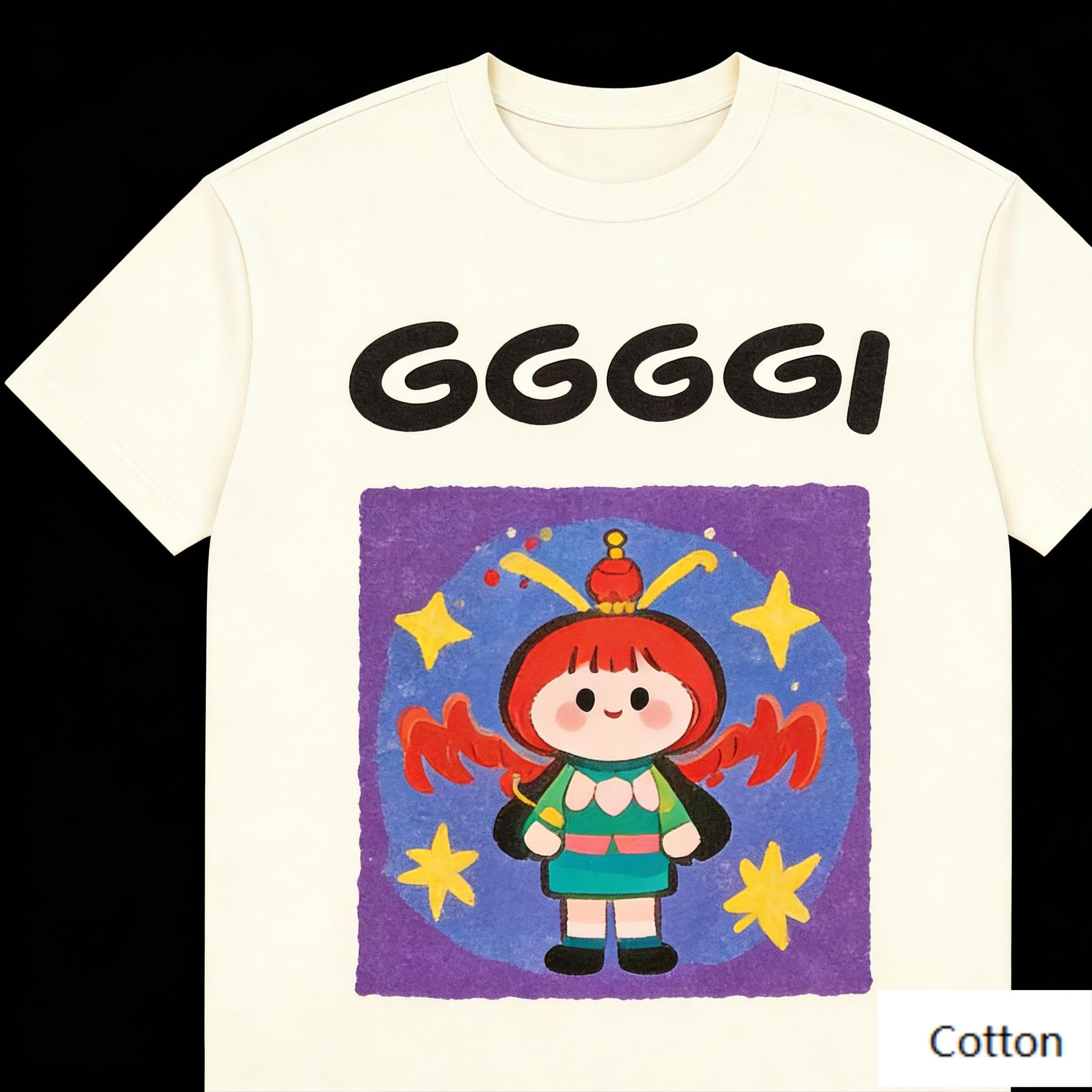 Red Hair Doll & Starry Sky & GGGGGI Letter Print Cotton T-Shirt, Unisex Loose Fit Casual Tee, Versatile Daily Streetwear S разноцветный