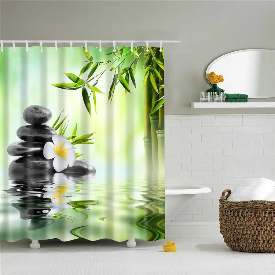 Zen Garden Shower Curtain Spa Green Bamboo Black Stone White Flower Bathroom Decor Supplies Bath Curtains Sets Polyester Fabric