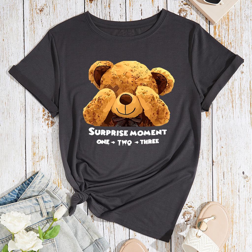 BEAR Pattern Cotton T-Shirt Short Sleeve Round Neck Women 2d Print Tops
