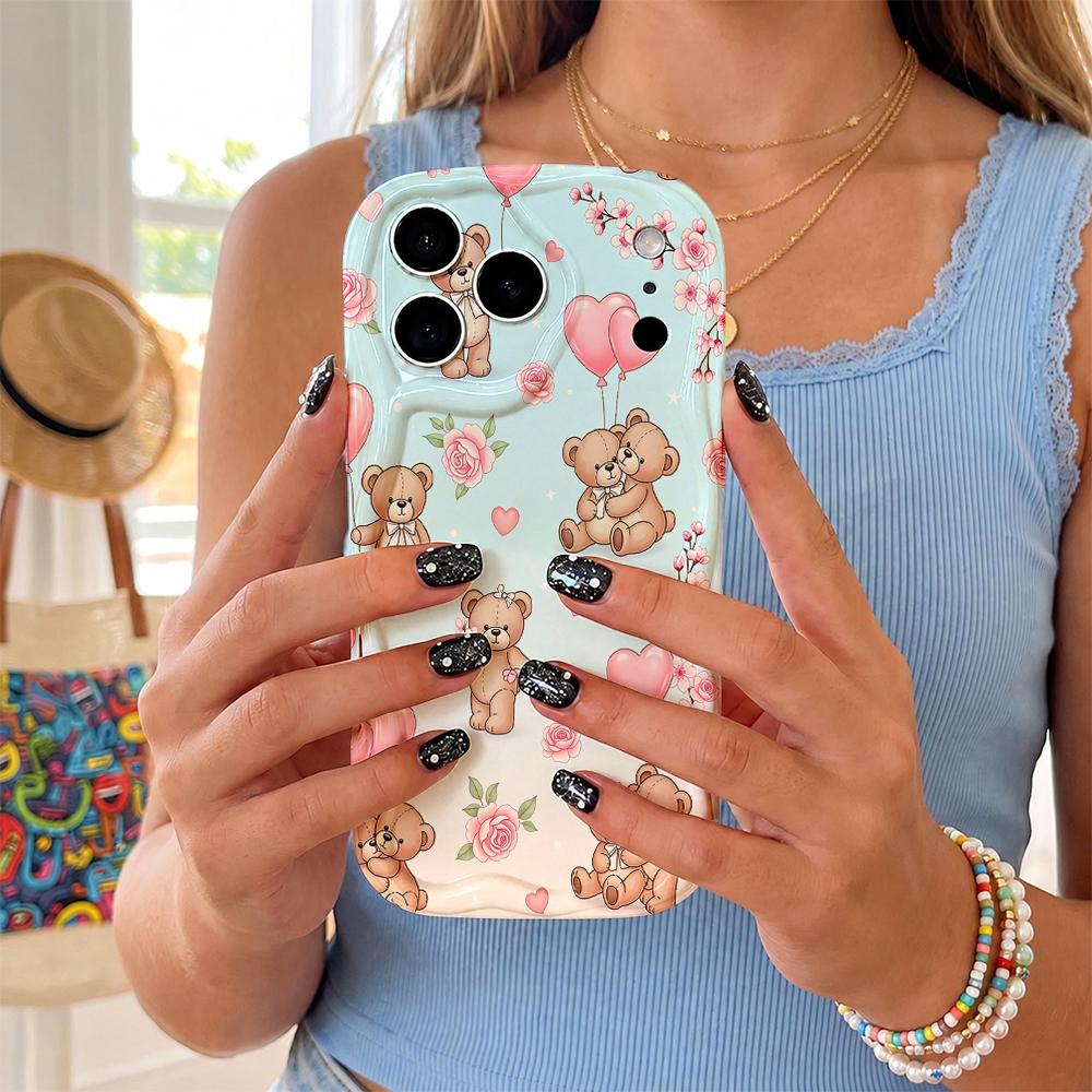 All Over Cartoon Teddy Bear Heart Balloon Wavy Edge Phone Case For iPhone 17 16 15 14 13 12 11 8 7 Plus Pro Max Cute Cover
