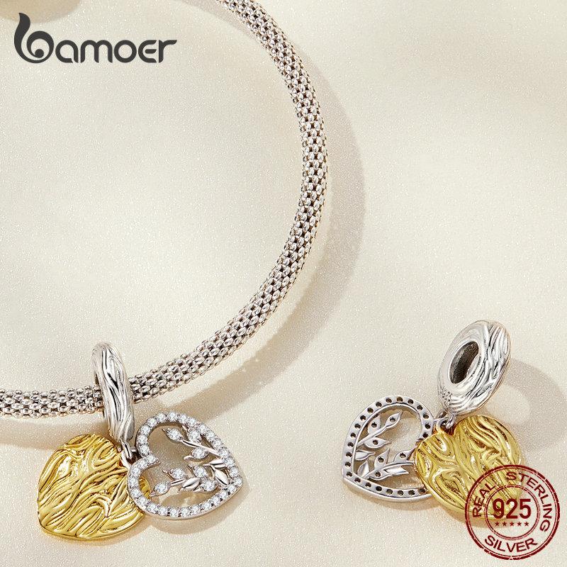 Bamoer 925 Sterling Silver Heart-shaped Leaf Pendant Fit for Women DIY Bracelet & Bangle Plated Gold Heart Charms Fine Jewelry