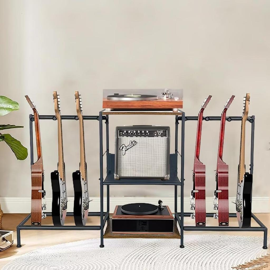 TUIYIDUO Guitar Stand, Holds Six Guitars, Includes 3 Shelves, Anti-Tip, Stable, Universal Display Rack for Multiple Guitars, Multifunctional Storage,