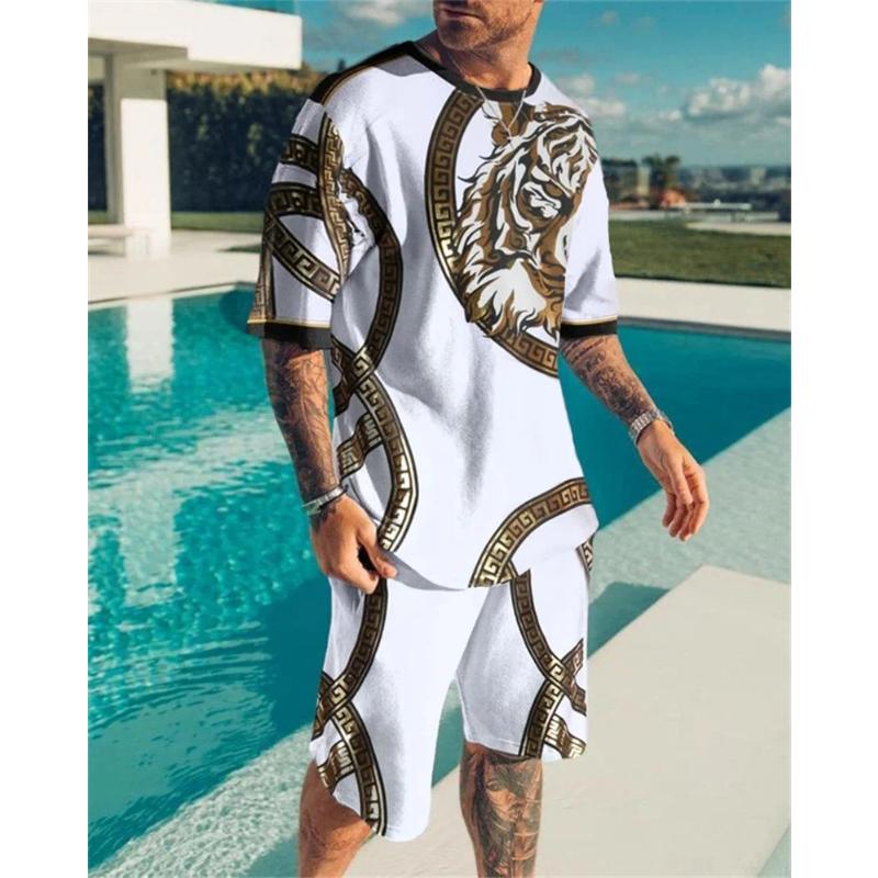 Set T-shirt e pantaloncini da uomo taglie forti con stampa 3D di leone, cool, per sport, fitness, estate, street style, oversize, grafico, 2 pezzi, abbigliamento da uomo