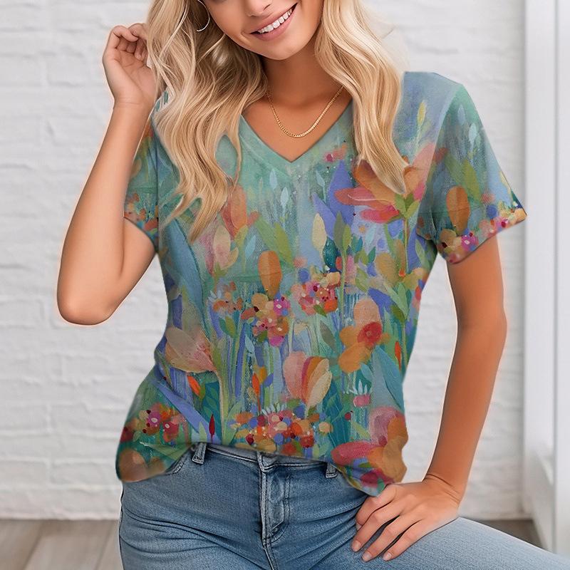 Summer V-neck 3D Flower Ink Painting Printed Top Fashionable Casual Short Sleeved Women's T-shirts