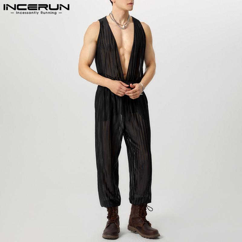INCERUN Mono de Malla Transparente sin Mangas con Cuello en V Profundo y Cordón para Hombre