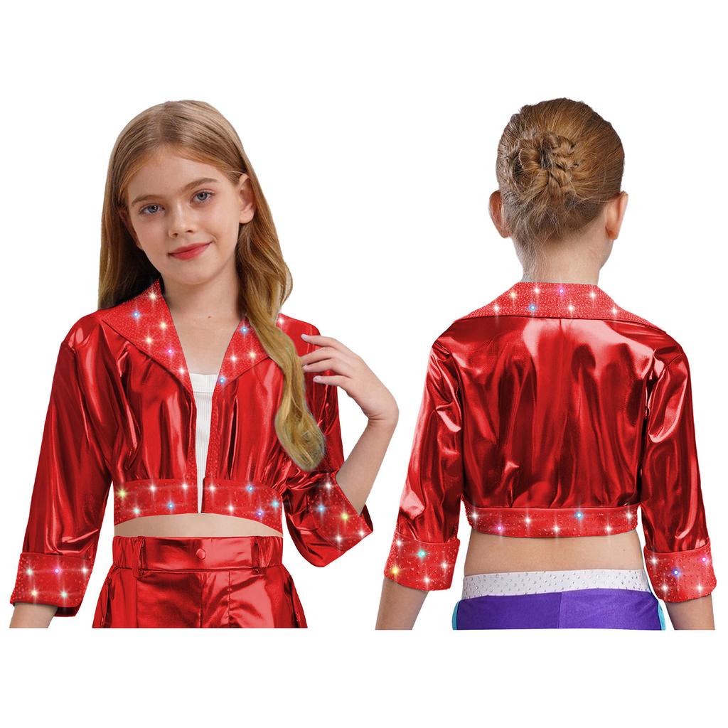 Kinder Bühnenauftritt Jacke Mädchen Jazz Dance Oberbekleidung Glänzende Strasssteine mit Reverskragen