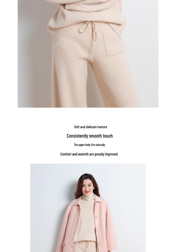 Women's 100% Pure Wool Two-Piece Set: High Neck Sweater & Wide-Leg Knit Pants for Autumn