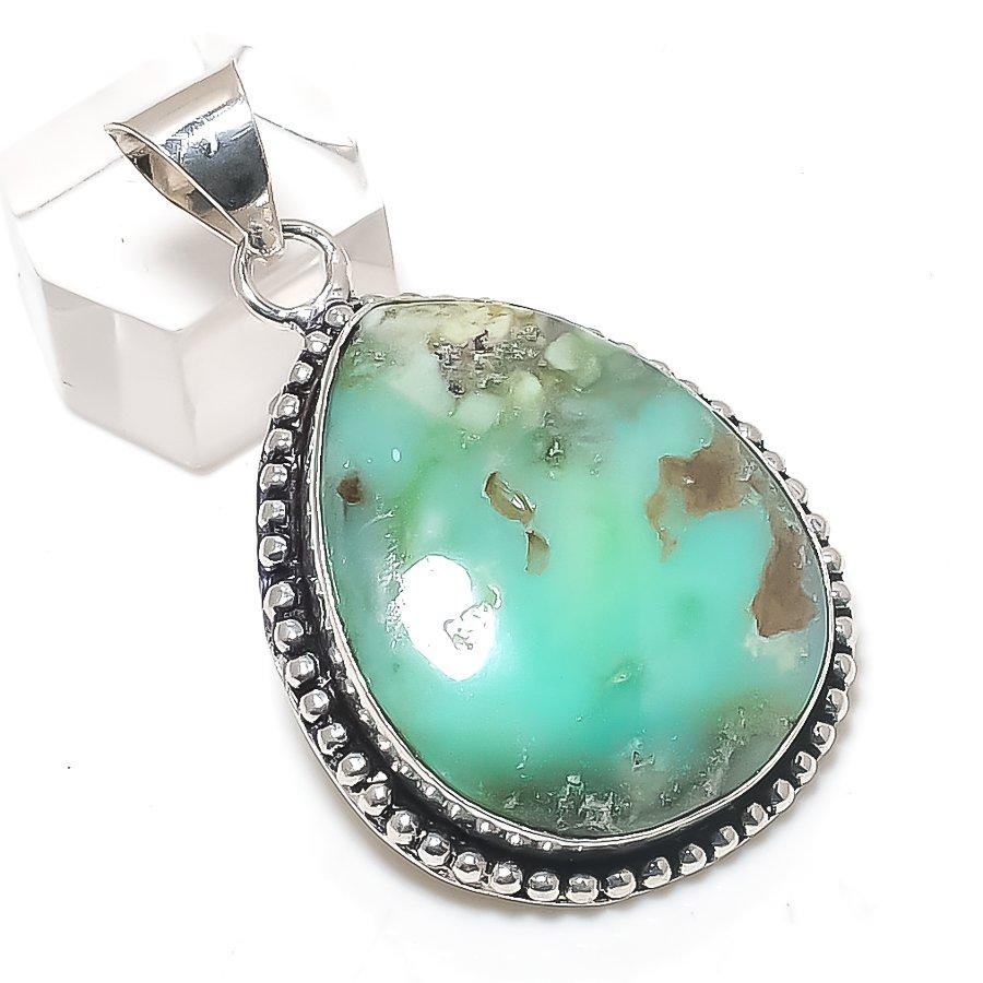 Natural Chrysoprase Gemstone 925 Sterling Silver Jewelry Pendant 2.05" H0S85