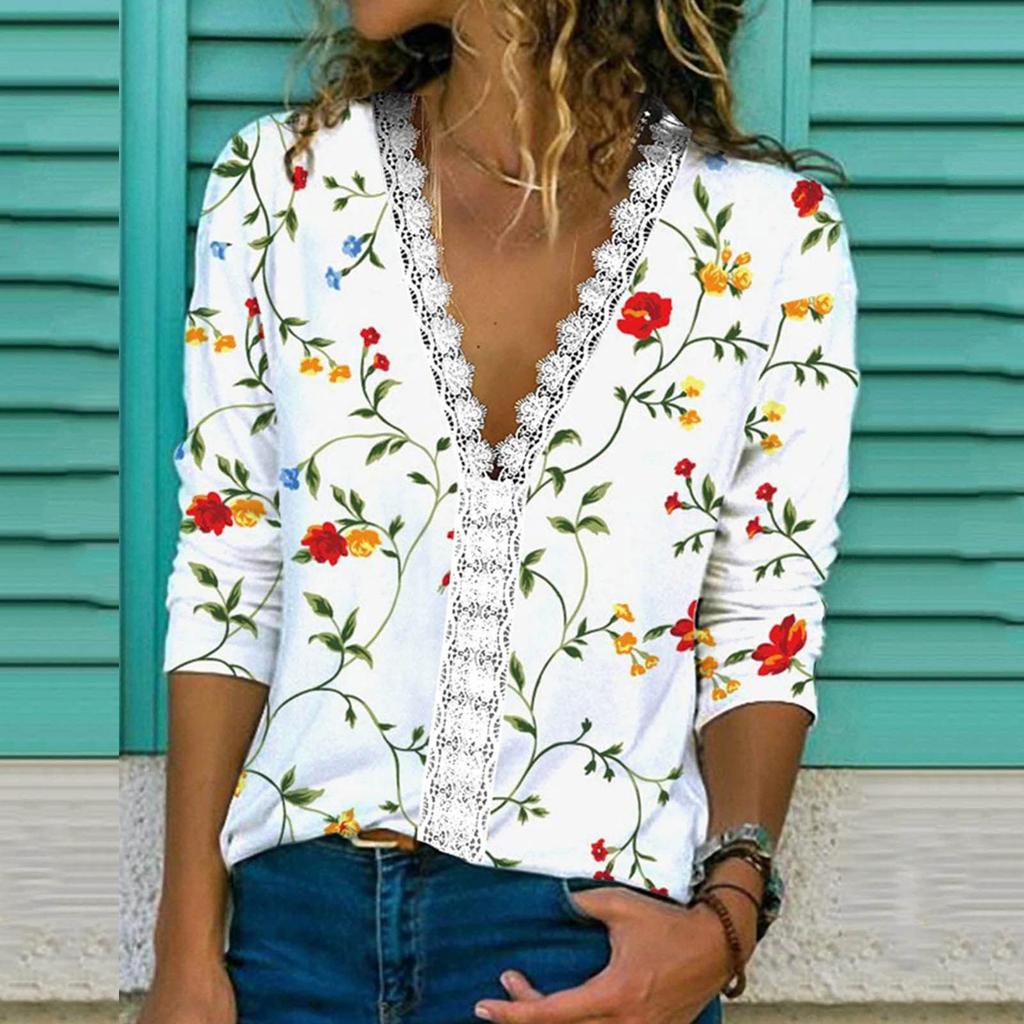 Ladies V Neck Casual Short Sleeve Casual Comfortable Loose Lace Print T-Shirt Top