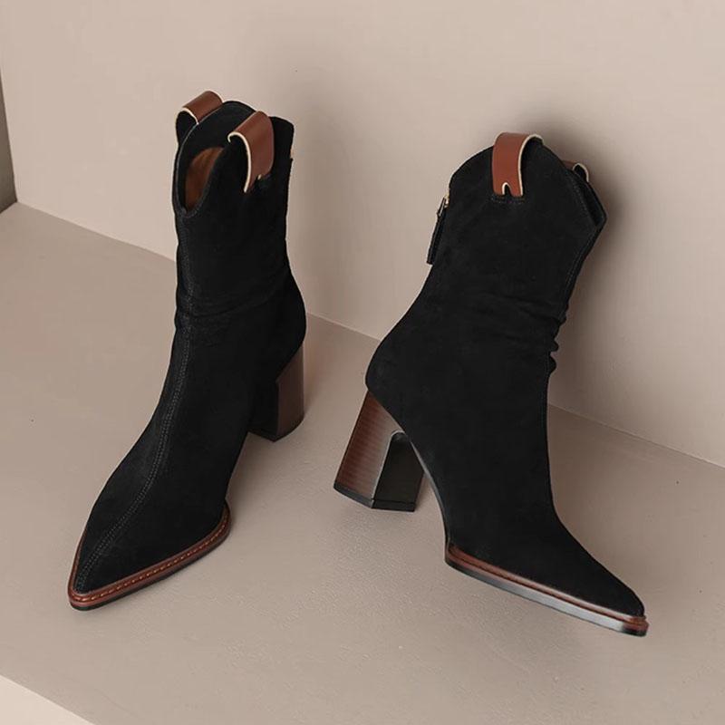 Fashion Autumn New Pleated Stacked Ankle Boots Pointed Toe Thick High Heels Suede V-Mouth Fashion Women's Shoe Solid Chelsea Short Botas