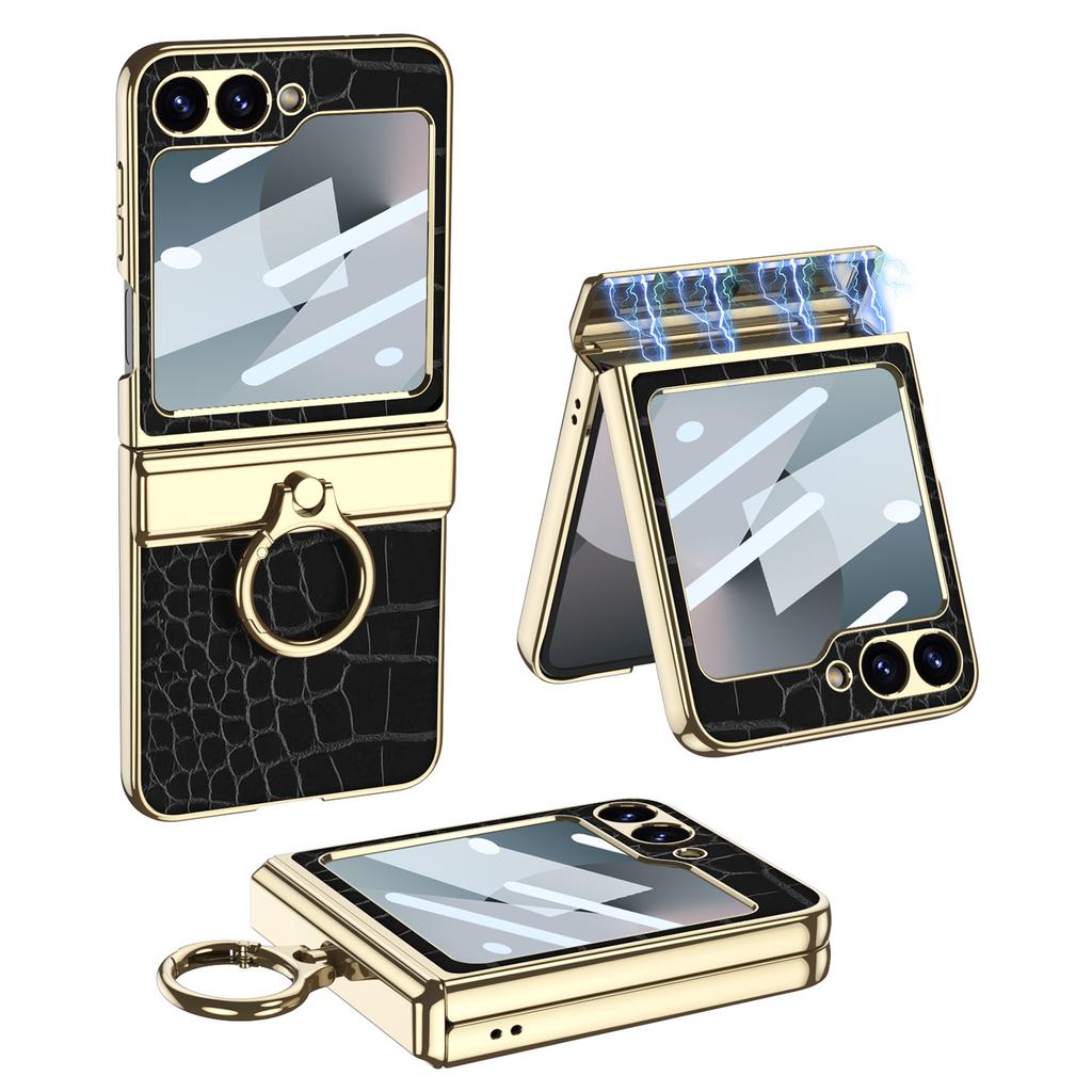 Luxury Plating Leather Case for Samsung Galaxy Z Flip 7 6 Magnetic All-included Hinge Ring Holder Cover for Galaxy Z Flip 5 Case