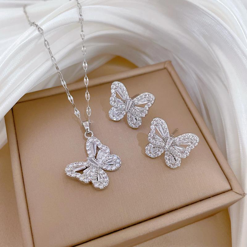 Full of Zirconium Exquisite Wind Copper Micro-inlaid Earrings Necklace Set Combination