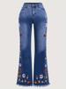 Retro Dark Blue Embroidered Flared Jeans for Women - Mid-High Waist Bell Bottoms for All Seasons