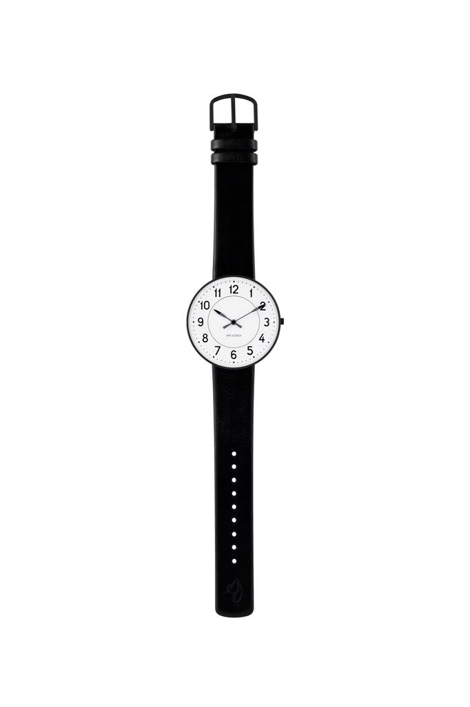ARNE JACOBSEN STATION 53412-2001B Watch, 40mm, Scandinavian Design, Water Resistant (Quiet Design with No Second Hand), White with Black Leather Strap