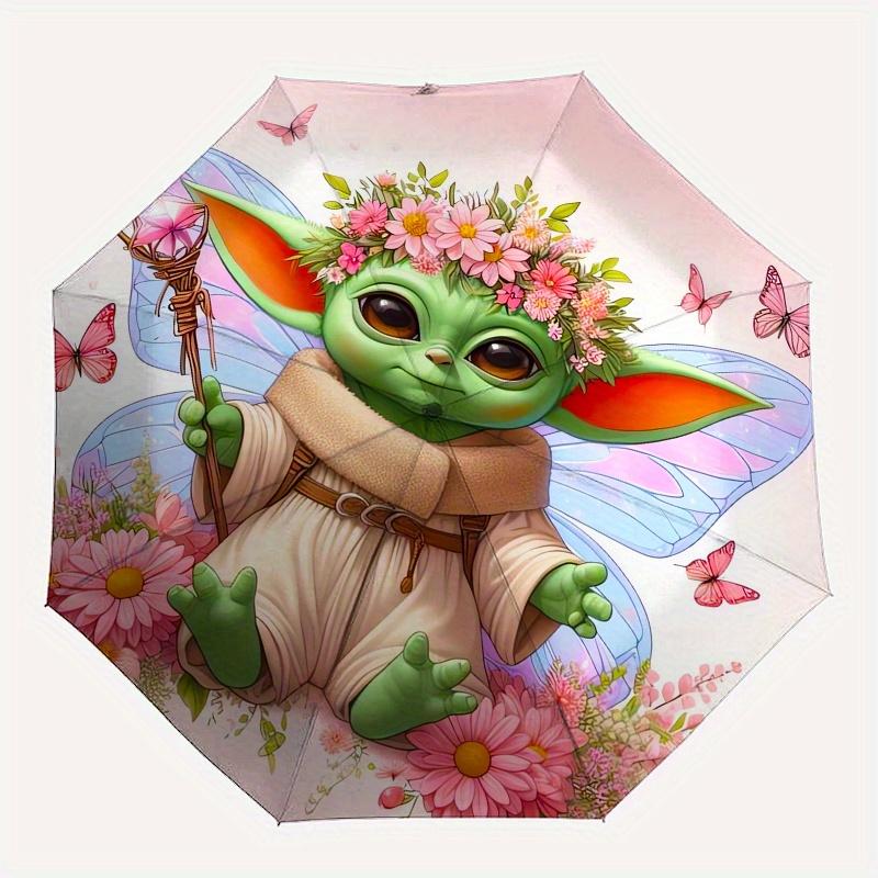 Yoda,Floral Fantasy Fully automatic themed umbrella - 8 ribs durable iron frame, tri-fold compact design, perfect as a gift, travel umbrella