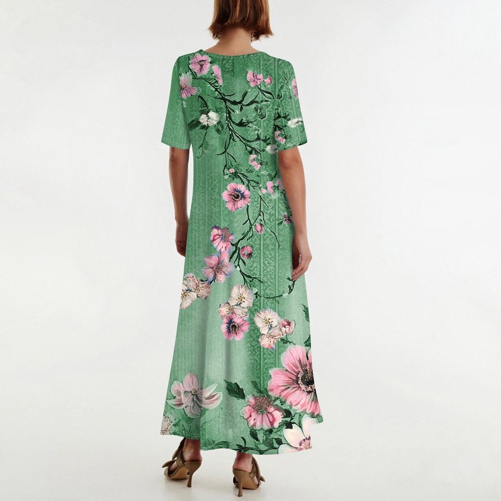 Women's Fashionable And Casual Long Beach Skirt Round Neck Short Sleeved Loose Retro Print Dress
