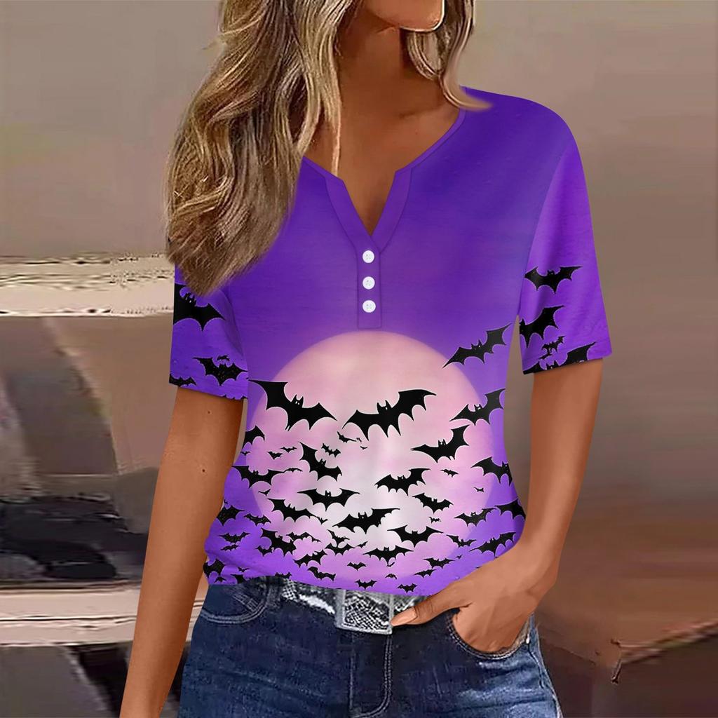 Damen T-Shirt Halloween Bedruckt Knopf Kurzarm Tunika Täglich Wochenende Mode Basic V-Ausschnitt Reguläres Oberteil