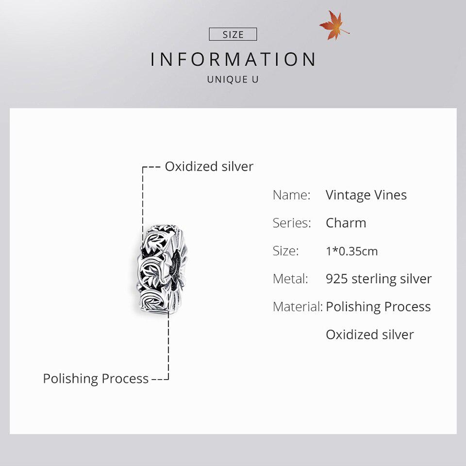 Bamoer Genuine 925 Sterling Silver Vintage Vines Charm for Original Luxury Brand Female Oxidized Silver Jewelry
