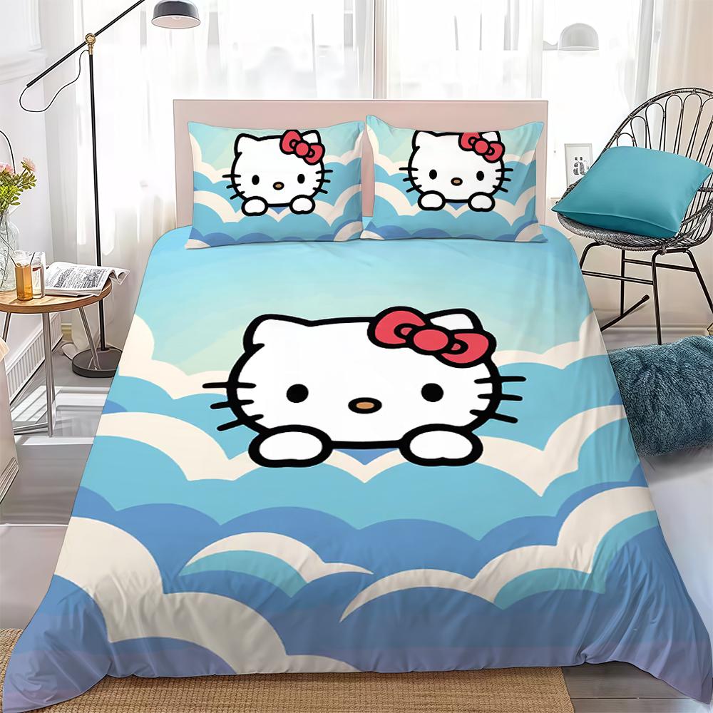 

H-Hello Cute Kitty Duvet Cover Set Home Style Bedding Soft Laundry Cotton Bed 3 Piece Set Student Dormitory Gift 135x200cm