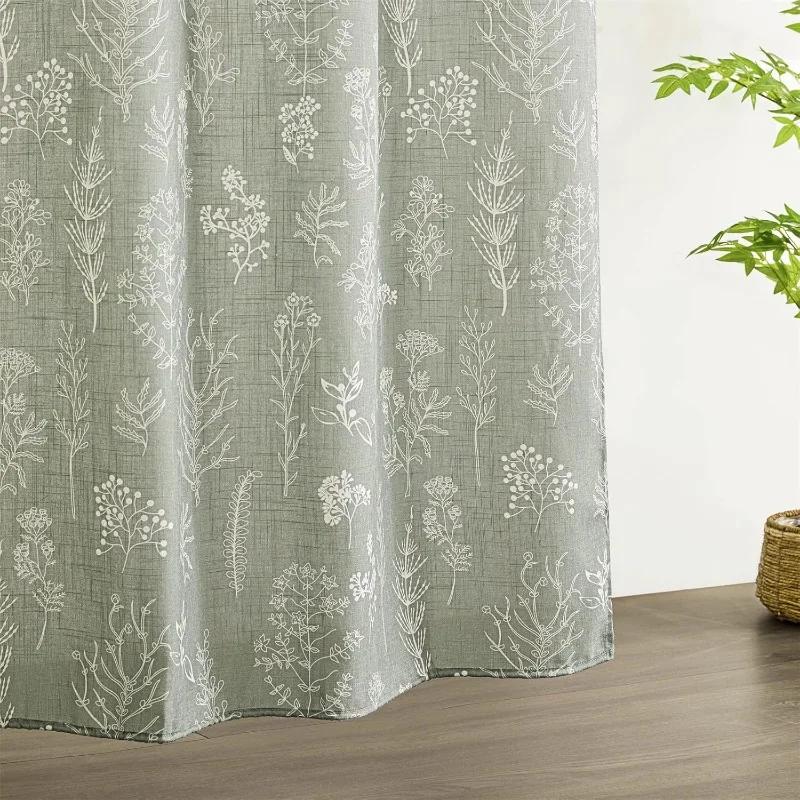 Green Botanical Linen Shower Curtain Extra Long 84 Inches Long, Spring Summer Boho Plants Leaves Textured Fabric Bathroom