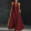 Sommer-Maxikleid für Damen, lässig, ärmellos, Neckholder, V-Ausschnitt, Revers, langes Kleid, Strandurlaub, fließendes Sommerkleid mit Taschen