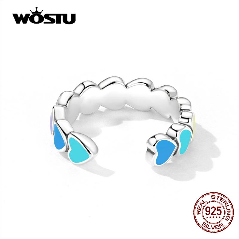 WOSTU Real 925 Sterling Silver Rainbow Heart Mono-Ear Cuff for Women Fashion Colorful Ear Clip Fine All-match Jewelry 1 Piece