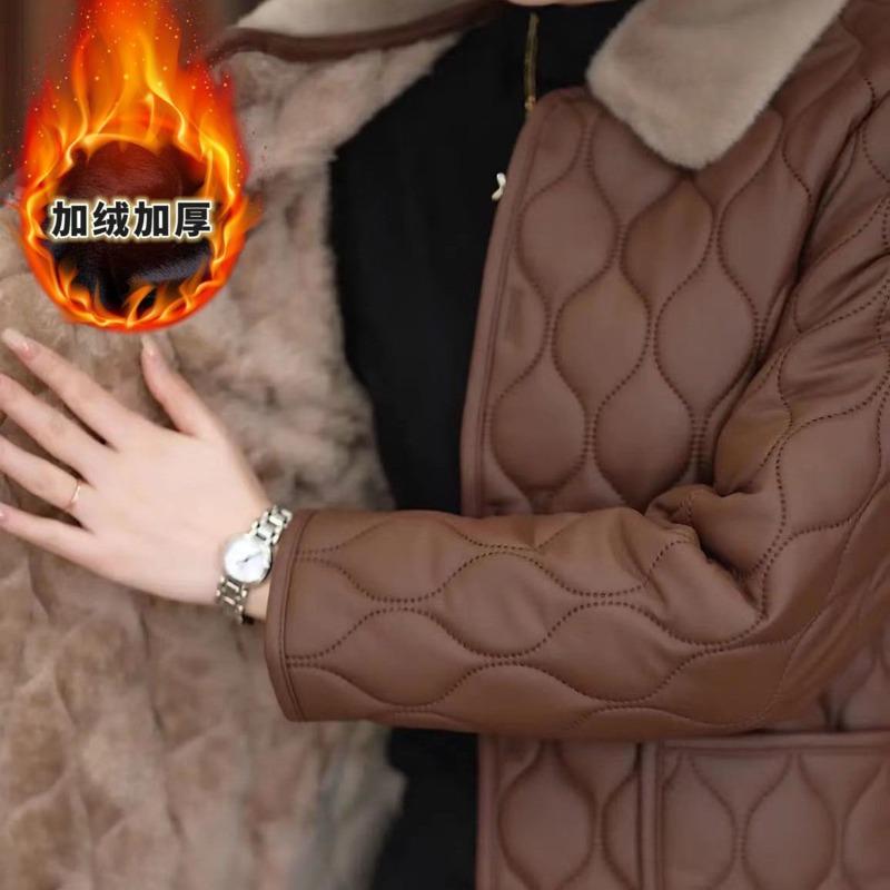 Leave-in Leather Jacket Medium and Old Mother Clothing Autumn and Winter New Models Fleece Thickened Loose Large Size Cotton Clothing Leather Jacket