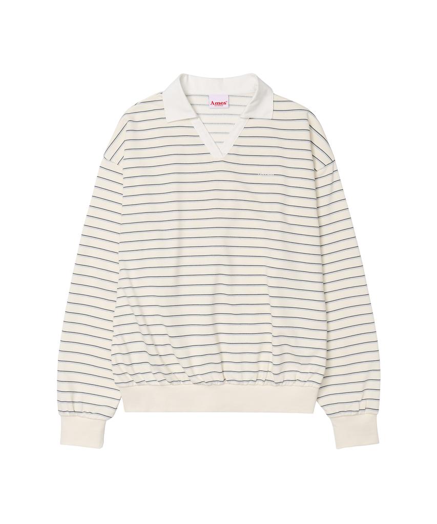 AMES-WORLDWIDE V Neck Collar Stripe Sweatshirt Ivory