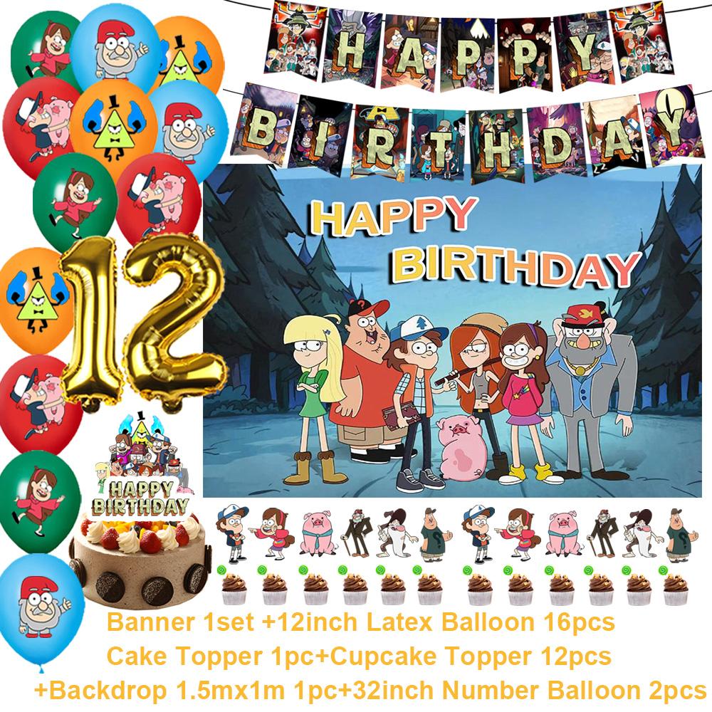 G&Gravity F-Falls Theme Birthday Party Decoration Cartoon Backdrop Banner Cake Topper Number Balloon Baby Shower Party Supplies