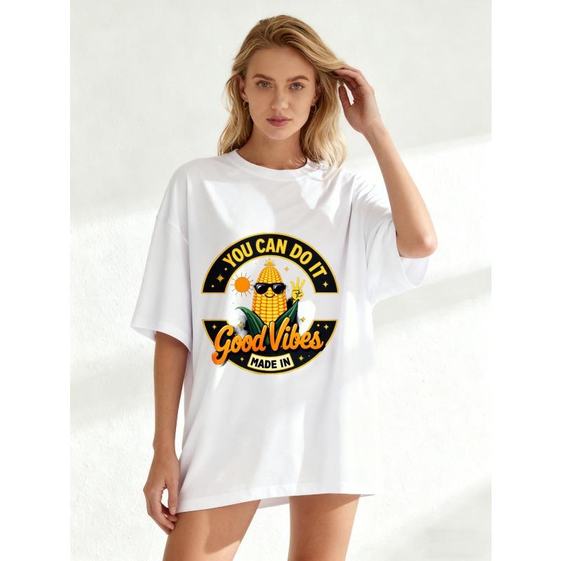 Oversized T Shirt Black Corn With Sunglasses And Peace Sign You Can Do It Good Vibes Made In Graphic Print Casual Summer Wear