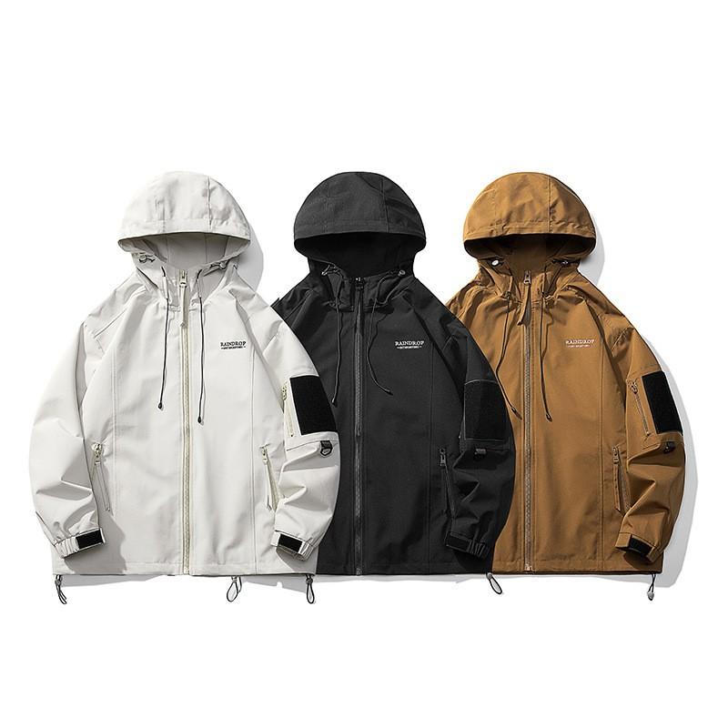 Mens Hooded Jacket Loose Fit Outdoor Casual Workwear Style Dual-Sided Long Sleeve Solid Color