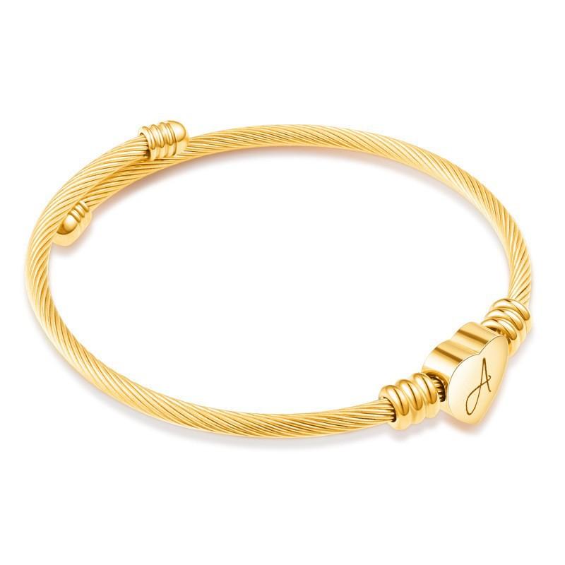Stainless steel wire rope heart bracelet, twisted bangle with 26 letters in 3 font styles