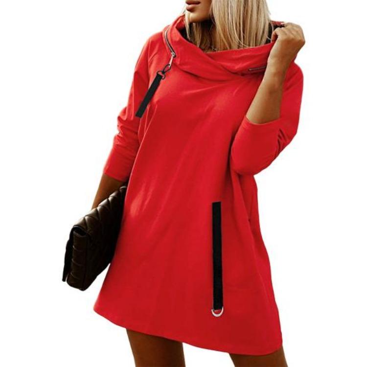 Plus Size Women Winter Warm Hooded Zipper Pullover Long Sleeve Casual Plush Hoodie Solid Color Strap Decor Design