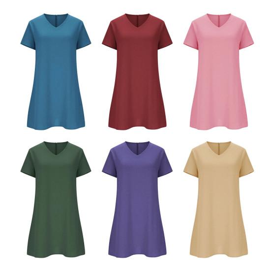 Summer Cotton Linen Dress for Women Casual Short Sleeve V Neck Mini T-Shirt Dress Loose A-line Short Sundress
