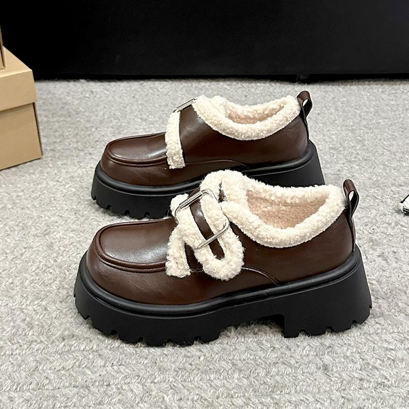 Retro velvet small leather shoes for women's autumn and winter new thick-soled Mary Jane cotton single shoes