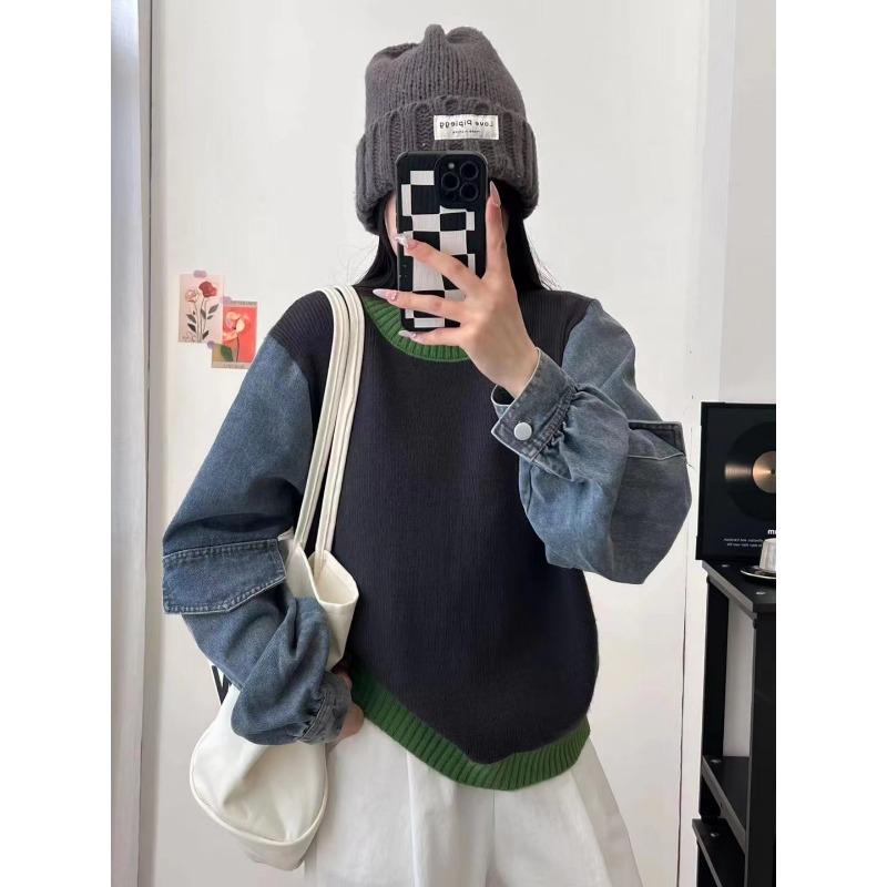 

Вязаный свитер топ с джинсовыми вставками, новый свободный повседневный контрастный пуловер для женщин на осень и зиму one size fits all темно-серого