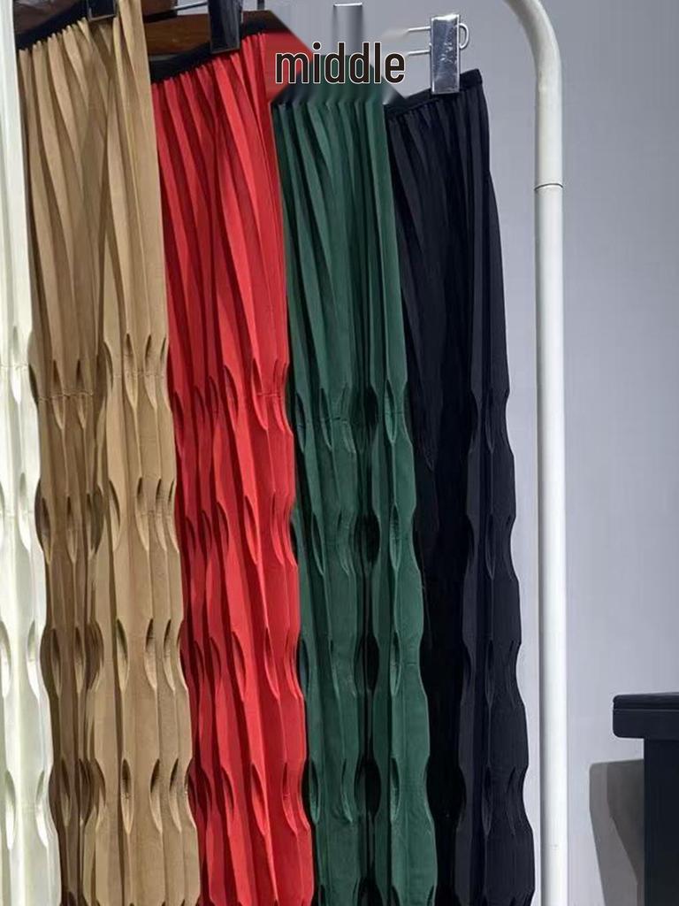 Miyake Women's Long Pleated Wide-Leg Skirt-Pants with Elastic Waist