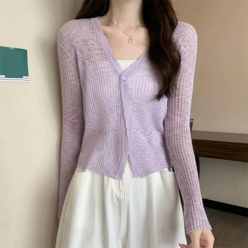 Cardigan sottile in seta di ghiaccio corto bianco da donna manica lunga lavorato a maglia protezione solare slim crop top Kintwear nuova moda semplice casual primavera estate