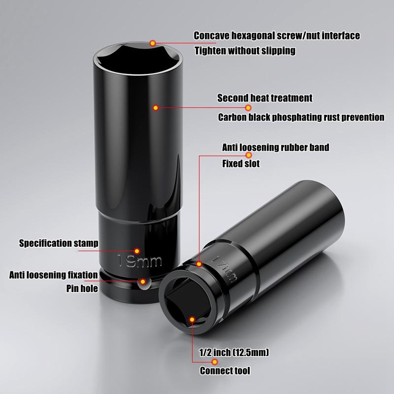 1/2" Drive Deep Impact Socket Set Drive Metric Wrench Black Socket Deep Impact Socket Pneumatic Wrench Head Tire Removal Tools