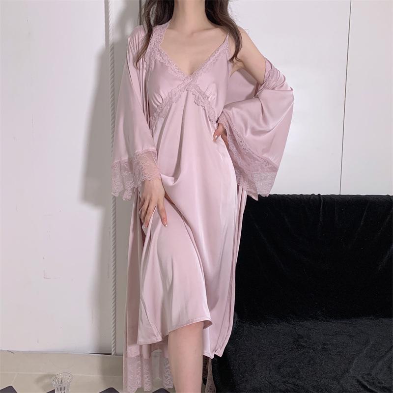 Damski Seksowny Dwuczęściowy Zestaw Nocny z Jedwabiu Lodowego z Wkładką na Biust i Długi Szlafrok na Cienkich Ramiączkach